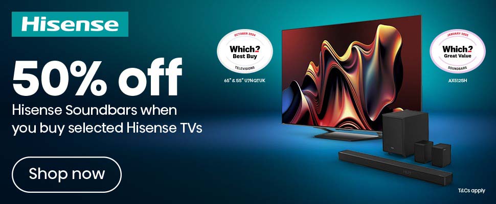 Hisense wide panoramic promotional banner advertising a 50% discount on soundbars titled "50% off Hisense Soundbars when you buy selected Hisense TVs". The banner displays a modern home entertainment setup on the right, featuring a large television showing vibrant, wavy colorful graphics on screen, a multi-channel soundbar system with a subwoofer, and a compact smart projector on a swivel base. The center features two circular "Which?" accolade badges—one for "Great Value" (AX5125H model) and one for "Best Buy" (65" & 55" U7NQTUK models). A teal Hisense logo sits on the left, a prominent "Shop now" button sits on the right, and small terms and conditions text is visible in the bottom right corner.