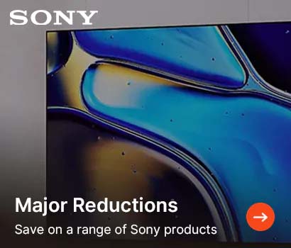 Advertisement for Sony products with abstract blue and black artwork. Text reads 'Major Reductions. Save on a range of Sony products.'