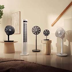 Five modern electric fans of various designs are displayed indoors on a shiny floor. The room has warm lighting, neutral walls, and minimal decor.