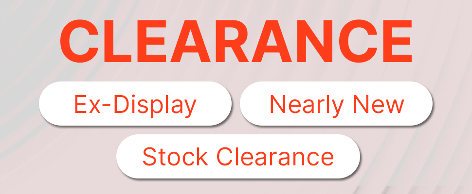 Clearance sale banner with bold red text on a light background. Three buttons read "Ex-Display," "Nearly New," and "Stock Clearance," suggesting discounts.