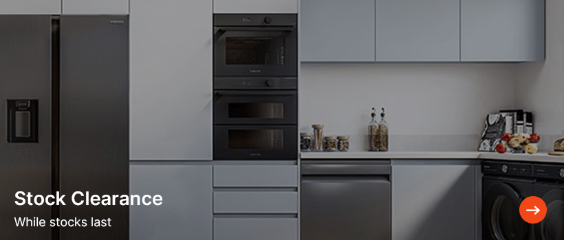 Modern kitchen with sleek gray cabinets, stainless steel appliances, and a washer. "Stock Clearance" text on the left. Minimalist and stylish.