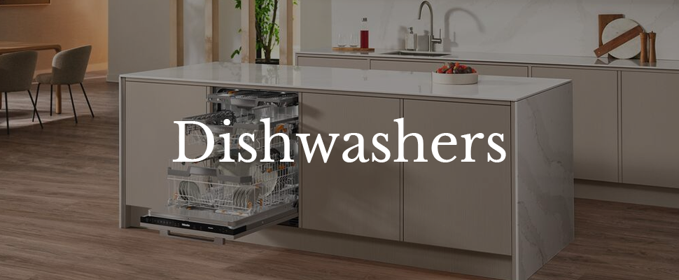 Modern kitchen with a sleek design. An open dishwasher full of dishes is seen in a central island, with "Dishwashers" text overlay. Warm, inviting atmosphere.