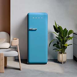 Sleek black refrigerator in modern kitchen with marble countertops and minimalist design. Neutral tones create a calm and sophisticated atmosphere.
