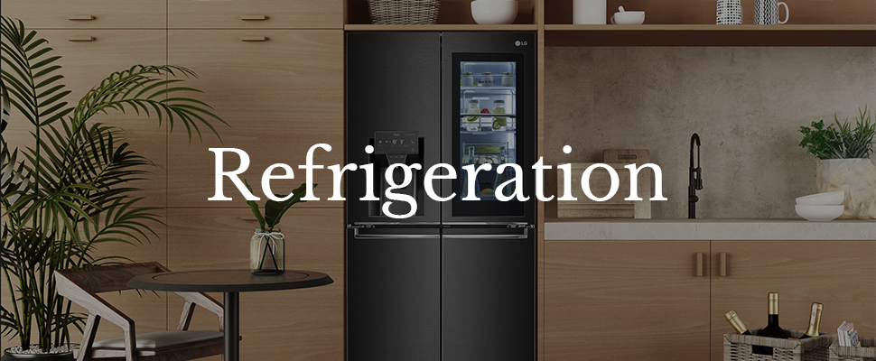 Modern kitchen with a sleek black refrigerator centered. Wooden cabinets and green plants enhance the warm, inviting ambiance. "Refrigeration" text overlay.