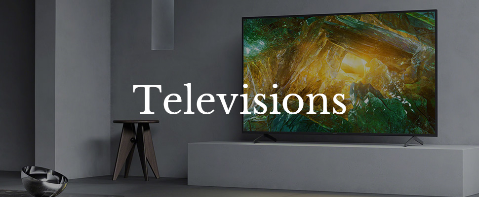 A sleek modern living room features a large flat-screen TV displaying a vivid nature scene, with the word "Televisions" overlayed in white text.