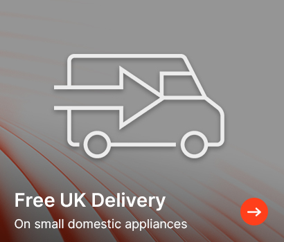 An outlined delivery van with an arrow on a gray background. Text reads “Free UK Delivery on small domestic appliances.” Orange arrow icon in the bottom right.
