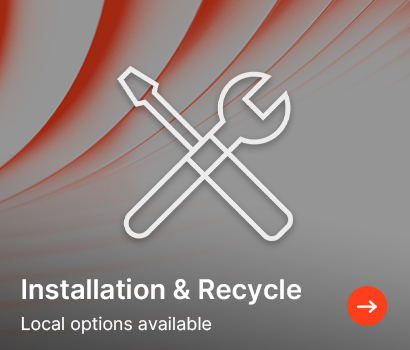 Crossed wrench and screwdriver icon on a gray background with red swirls. Text reads "Installation & Recycle." A red arrow points right.