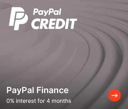 PayPal Credit ad with layered grey background, white logo and text. Offers 0% interest for 4 months. Red arrow button at bottom right.