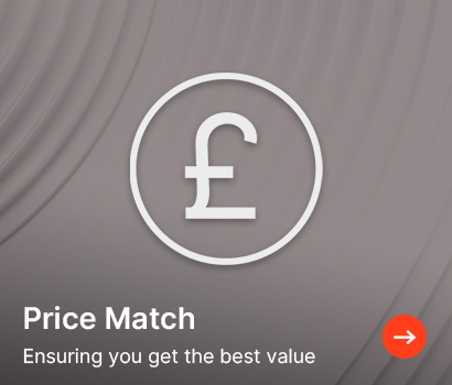 Gray image with a white pound symbol in a circle, textured background. "Price Match: Ensuring you get the best value" text, with an orange arrow.