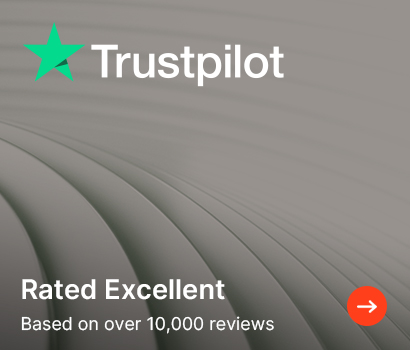 Trustpilot logo with a green star, text stating 'Rated Excellent' based on over 10,000 reviews. Background features curved abstract lines.