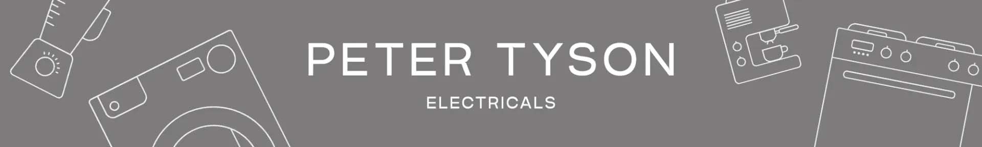 Gray banner featuring white outlines of appliances such as a washing machine and stove. Center text reads "Peter Tyson Electricals" in bold, modern font.