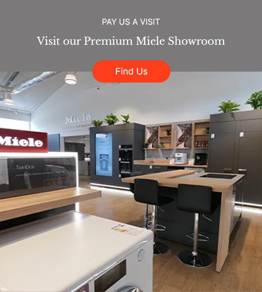 Modern Miele showroom with sleek kitchen appliances and seating. Bright, welcoming atmosphere. Text invites visit, with a "Find Us" button.