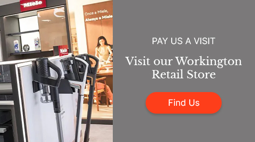 A store interior with vacuum cleaners in the foreground, Miele branding in the background. Text on gray background: “Visit our Workington Retail Store. Find Us”.