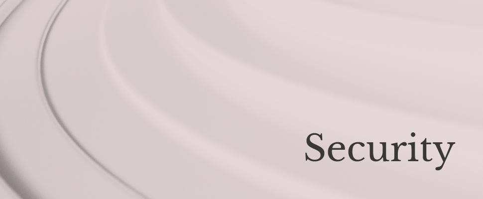 Smooth, curved, white abstract lines create a sense of calm focus. The word "Security" in bold black text is prominently displayed on the right.