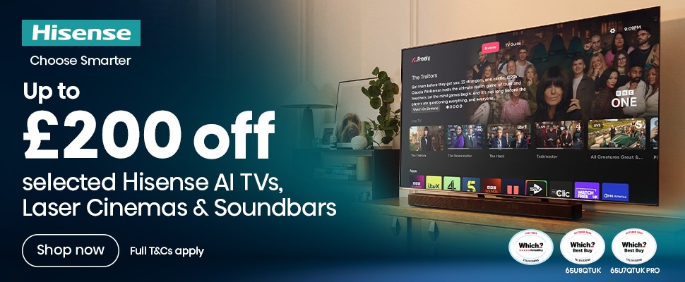 Hisense ad offers up to £200 off select AI TVs, laser cinemas, and soundbars. Cosy living room with large TV and soft lighting in the background.