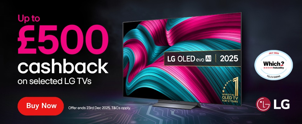 Advertisement for LG TVs highlighting up to £500 cashback offer. The ad features a vibrant LG OLED TV with abstract colourfu patterns. Text includes 'LG OLED evo AI 2025' and an award emblem for reliability. Offer ends December 23, 2025. Red 'Buy Now' but