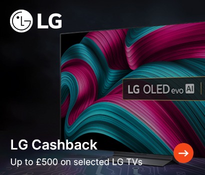 LG ad featuring a vibrant OLED TV with swirling pink and teal colors. Text offers up to £500 cashback on select LG TVs. Logo in the top left.