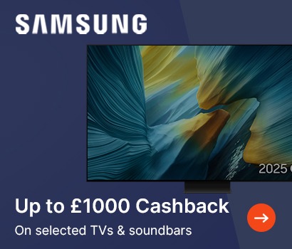 Samsung ad featuring a sleek TV with abstract blue and gold waves on its screen. Text reads "Up to £1000 Cashback on selected TVs & soundbars."