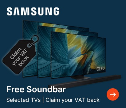 Samsung ad showing three OLED TVs with vivid abstract designs. Includes a "Free Soundbar" offer and "Claim your VAT back" tags on a dark background.