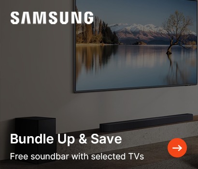 Samsung ad featuring a serene landscape TV image above a sleek soundbar. Text: "Bundle Up & Save. Free soundbar with selected TVs." Calm and inviting tone.