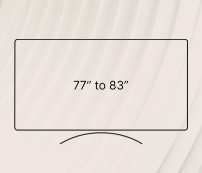 A minimalist graphic showing the text "77” to 83" centred inside an outline of a large, curved TV screen, with a light beige textured background.