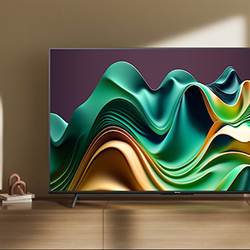 A sleek, modern TV sits on a wooden cabinet displaying a vivid abstract design with flowing green and gold waves. Sunlight casts soft shadows on the beige wall.