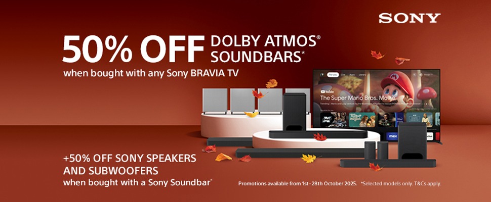 Autumn-themed Sony promotion for 50% off Dolby Atmos soundbars with BRAVIA TVs. Includes soundbars and subwoofers. Offer valid October 1-28, 2025.
