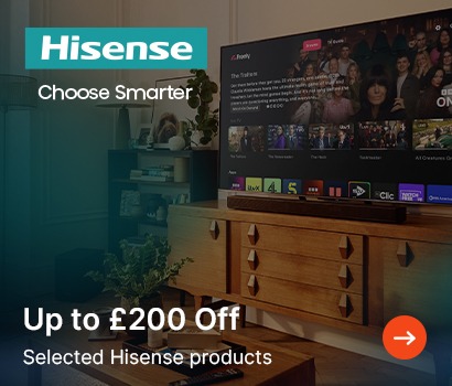 Hisense ad offers up to £200 off select AI TVs, laser cinemas, and soundbars. Cosy living room with large TV and soft lighting in the background.