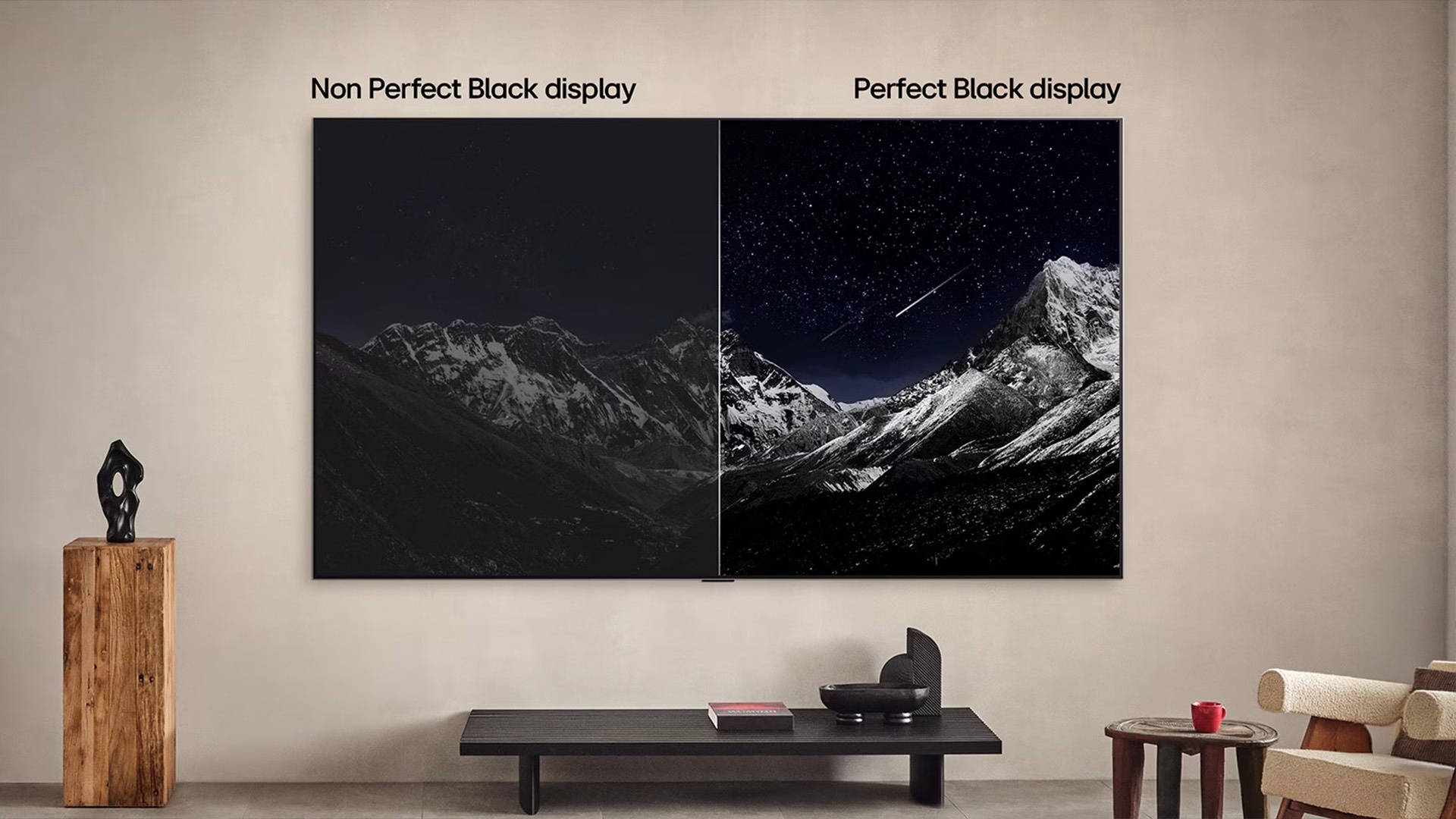 Side-by-side comparison of a Non Perfect Black display vs Perfect Black display on a TV, showing dramatic contrast in image quality—dull and washed-out mountains on the left, vibrant stars and crisp mountain detail on the right.