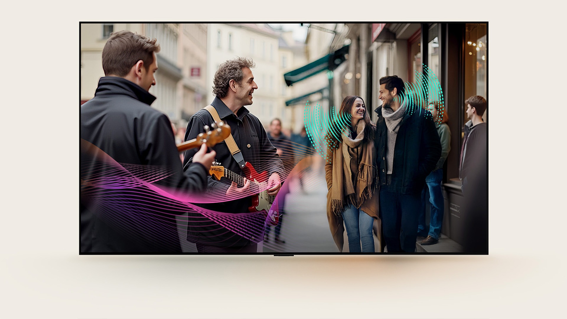 A busy street filled with people. A couple walks and chats as street performers play guitar. Abstract sound waves flow from the guitars and the couple, showing how AI Object Remastering makes every sound element crisp and clear.