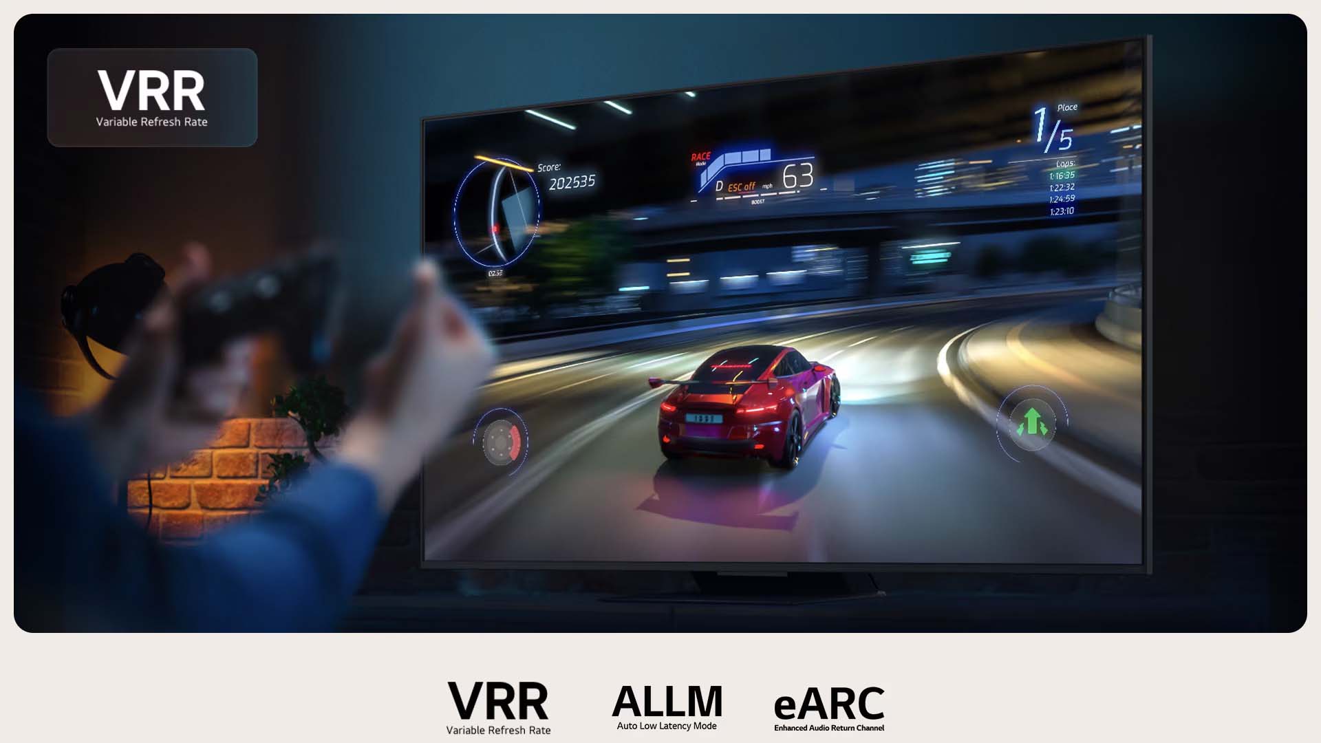 A person plays a car racing game on a large TV, showcasing features like VRR, ALLM, and eARC. The scene conveys excitement and high-speed action.