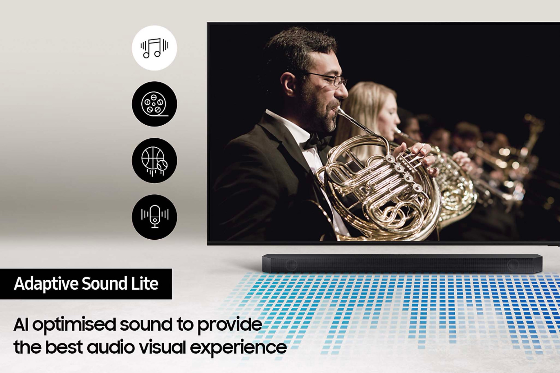 Adaptive Sound LIte - AI optimised sound to provide the best audio visual experience.