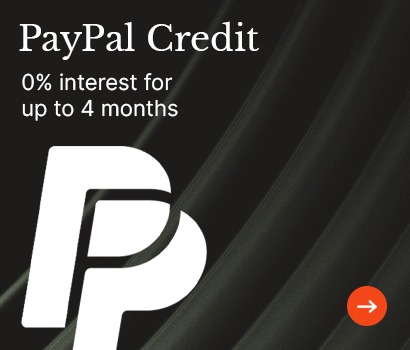 Ad for PayPal Credit with a dark background. Large white PayPal logo and text: '0% interest for up to 4 months.' An orange arrow icon at the bottom right.