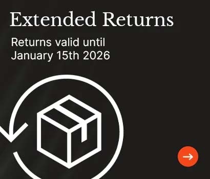 Black graphic with text 'Extended Returns' and 'Returns valid until January 15th 2026' above a box icon with a circular arrow. Tone is informative.