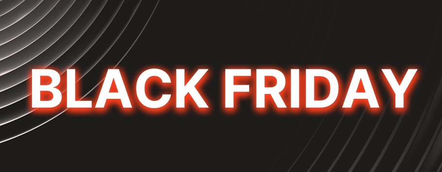 The image displays the words "BLACK FRIDAY" in bold, white letters against a dark, textured background.