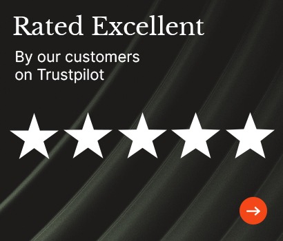 Trustpilot rating graphic with text 'Rated Excellent by our customers on Trustpilot.' Features five white stars on a dark background, conveying high satisfaction.