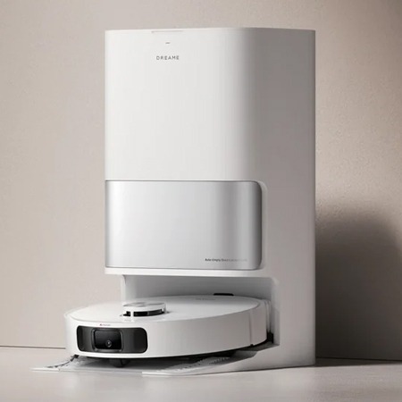 A sleek white robotic vacuum with a charging dock is set against a neutral background. The device features a minimalist design, conveying modern efficiency.