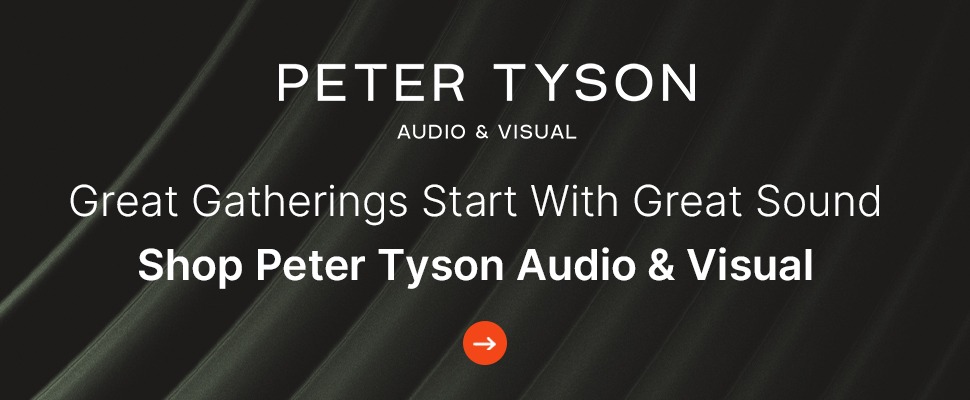 Banner with black background featuring white text: "Peter Tyson Audio & Visual." Adjacent text reads, "Great Gatherings Start With Great Sound." Orange arrow icon included.