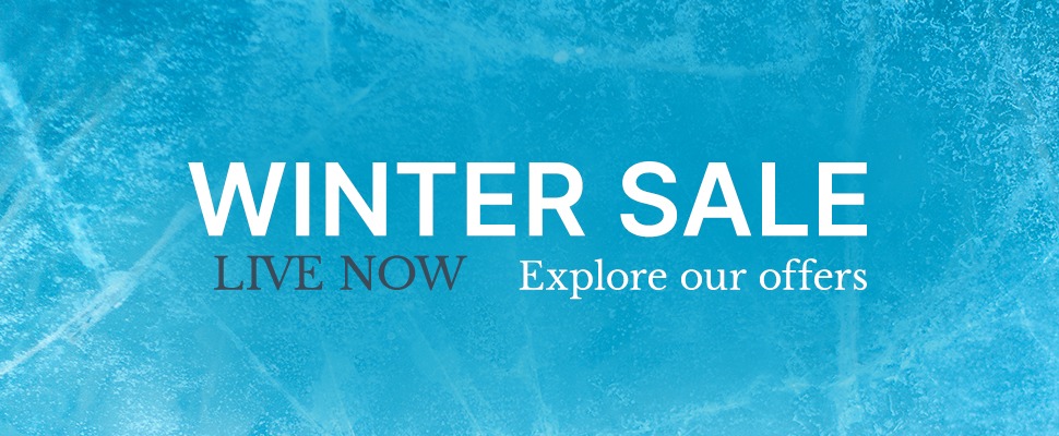 Winter sale banner with frosty blue ice texture. Bold white text reads "WINTER SALE," followed by smaller black text: "LIVE NOW. Explore our offers."