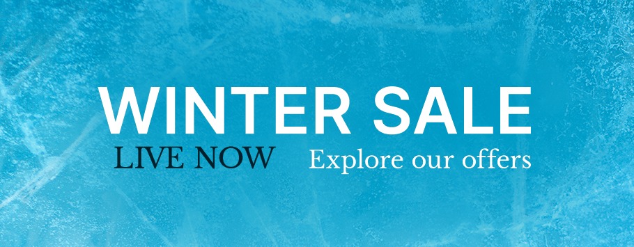 Winter sale banner with frosty blue ice texture. Bold white text reads "WINTER SALE," followed by smaller black text: "LIVE NOW. Explore our offers."