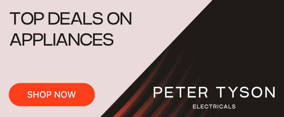 Half cream and black background with bold text 'Top Deals on Appliances' and 'Peter Tyson Electricals.' Orange 'Shop Now' button.