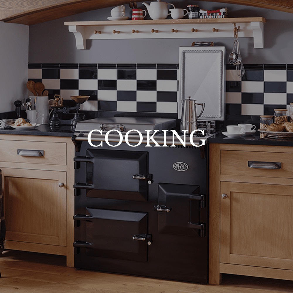 Cosy kitchen scene with a black vintage stove, wooden cabinets, and checkered backsplash. Text overlay reads: Cooking