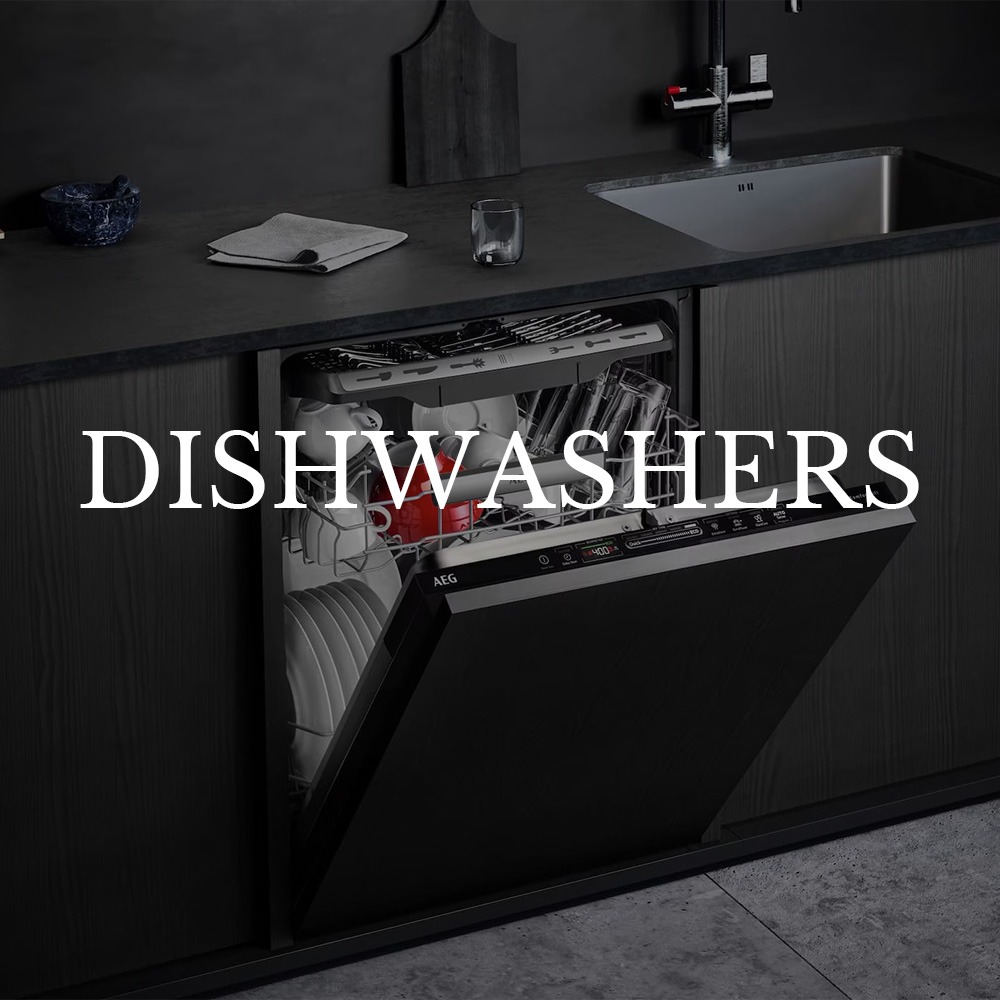 Open dishwasher in a modern kitchen with a dark countertop and sink, displaying neatly arranged dishes and glasses inside. The atmosphere is sleek and organized. Text overlay reads "DISHWASHERS."