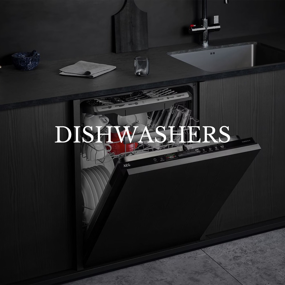 Open dishwasher in a modern kitchen with a dark countertop and sink, displaying neatly arranged dishes and glasses inside. The atmosphere is sleek and organized. Text overlay reads "DISHWASHERS."