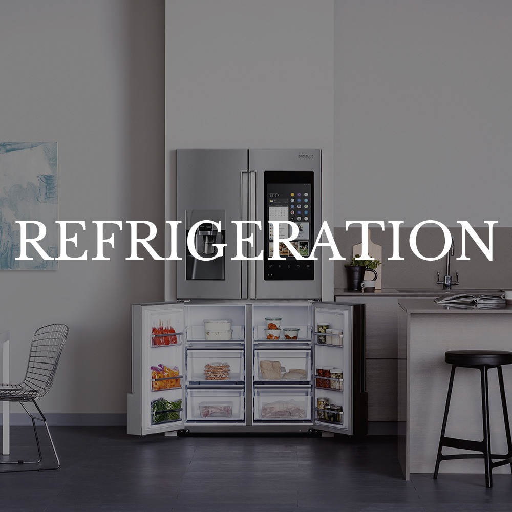 Modern kitchen with an open stainless steel fridge displaying organized food. A digital display is on the fridge door. The word "Refrigeration" overlays.