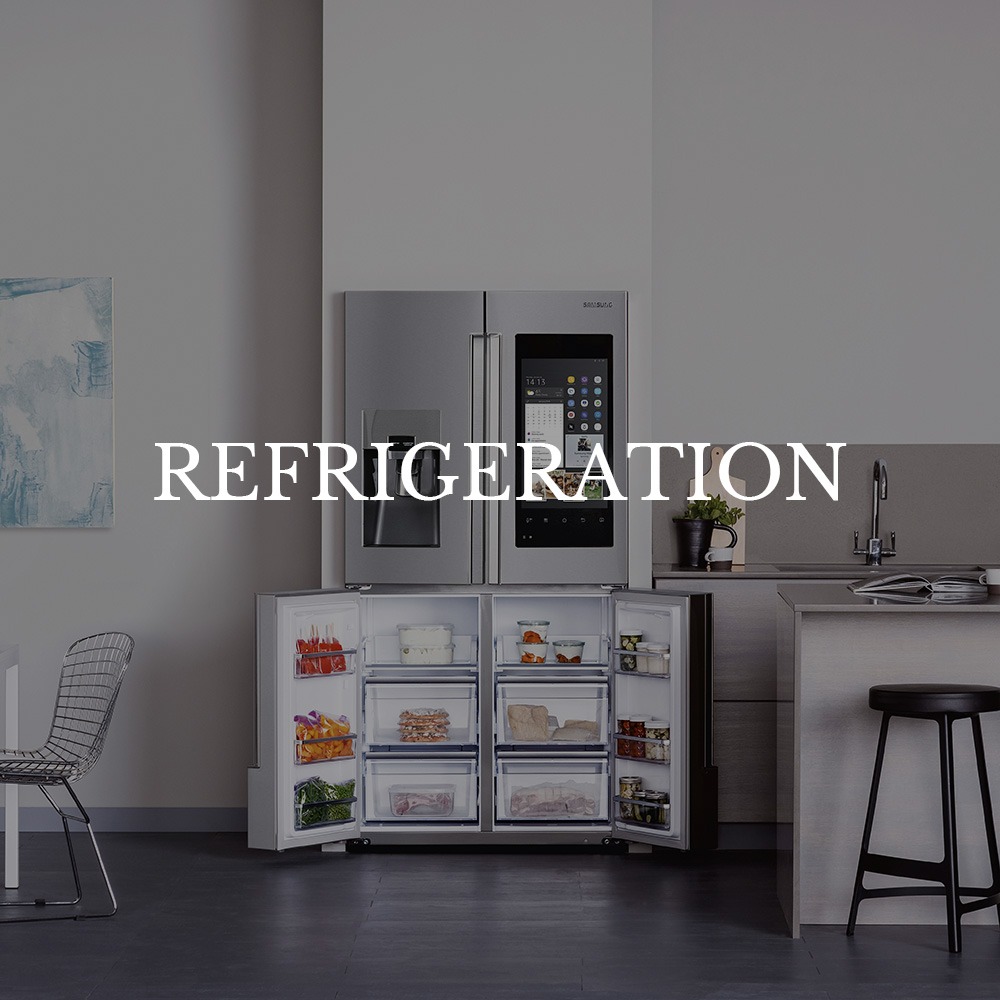 Modern kitchen with an open stainless steel fridge displaying organized food. A digital display is on the fridge door. The word "Refrigeration" overlays.