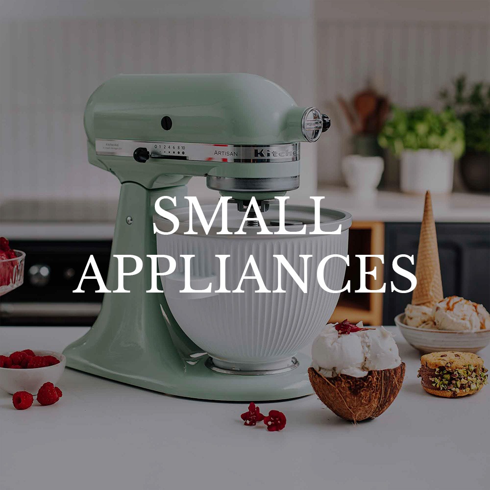 A mint-green kitchen mixer is on a counter beside raspberries, a dessert in a coconut shell, and an ice cream cone, with "Small Appliances" text overlaid.
