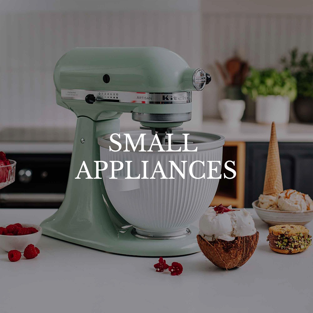 A mint-green kitchen mixer is on a counter beside raspberries, a dessert in a coconut shell, and an ice cream cone, with "Small Appliances" text overlaid.