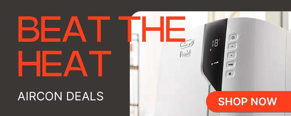 Air conditioner deals featuring a modern aircon unit with digital display. Bold text reads 'Beat the Heat,' with a 'Shop Now' button.