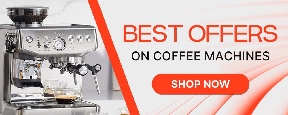Silver coffee machine next to bold text reading "Best Offers on Coffee Machines" in orange, with a "Shop Now" button below on a light background.